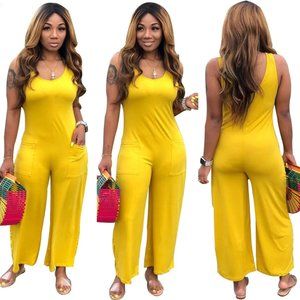 Vivid Sleeveless O-Neck Wide Leg Jumpsuits Pockets